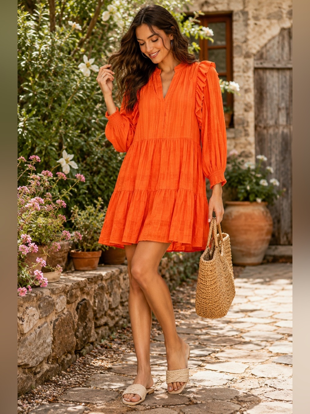 Anthropologie Bright Orange Tiered Ruffle Midi Dress